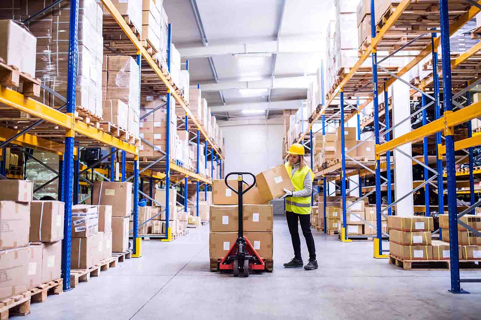 lady supervisor checking packages in a logistics warehouse
